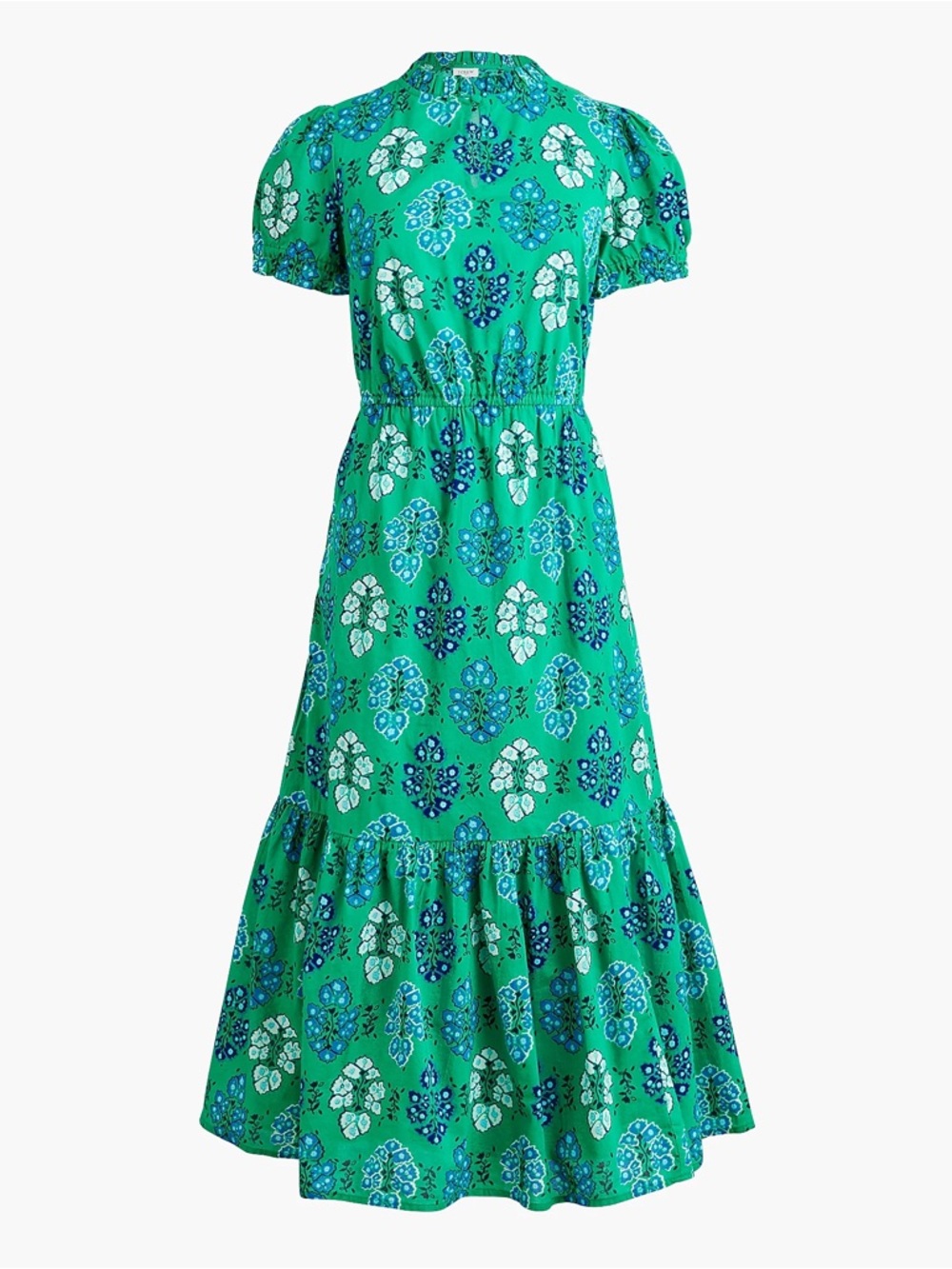 J.Crew Puff Sleeve Tiered Midi Dress Green Floral Medallion Print Size 2